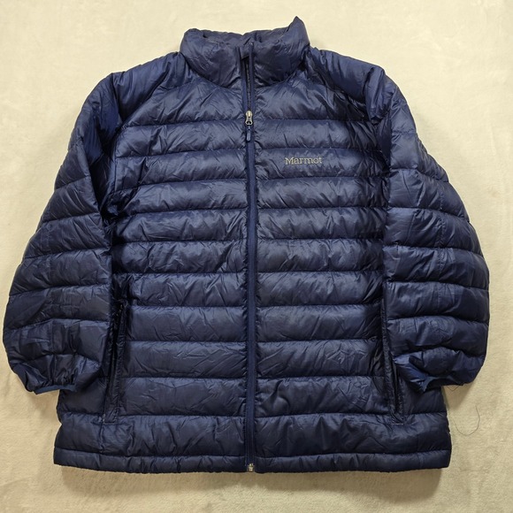 Marmot Azos Down Puffer Jacket Mens XL Blue 700 Fill Altered Sleeves Womens 1X - Picture 2 of 14